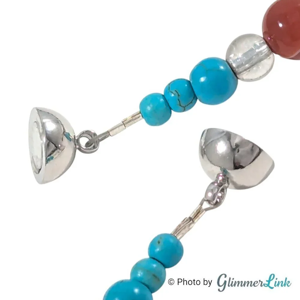 Teal Blue & Burnt Orange Gemstone Glass Beaded Silver Tone Necklace